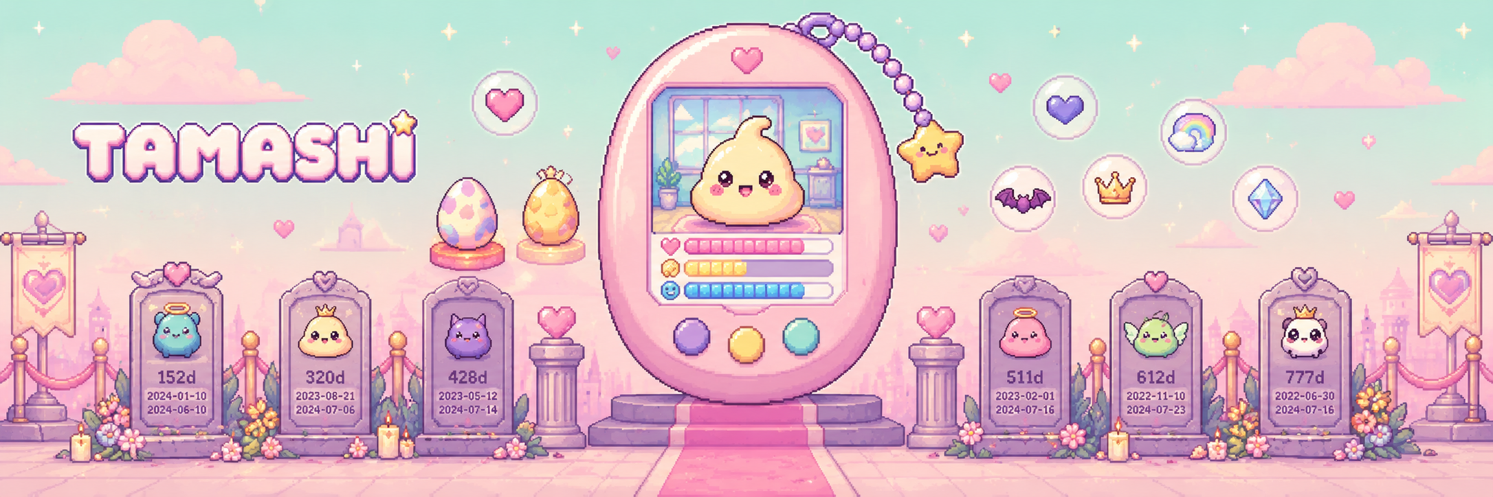 Tamashi banner: pastel pixel pets and tombstones